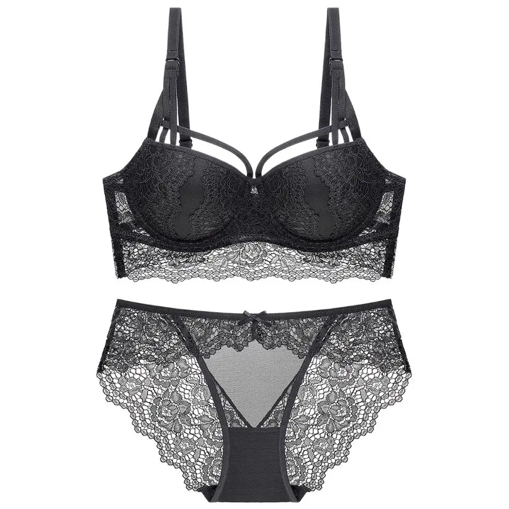 Black Новые женские сексуальные цветочные кружева бюстгальтер с регулируемыми бретелями нижнее белье пуш-ап бюстгальтер наборы 3/4 чашка глубокий V Черный Зеленый 85 A B C - Цвет: Black