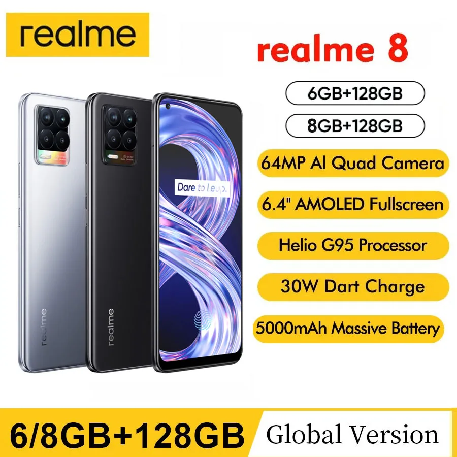 

Смартфон realme 8 RMX3085, 6,44 дюйма, AMOLED дисплей, 64-мегапиксельная четырехъядерная камера Helio G95, аккумулятор 5000 мАч, 30 Вт, зарядка 8 ГБ, 128 ГБ, тонкий те...