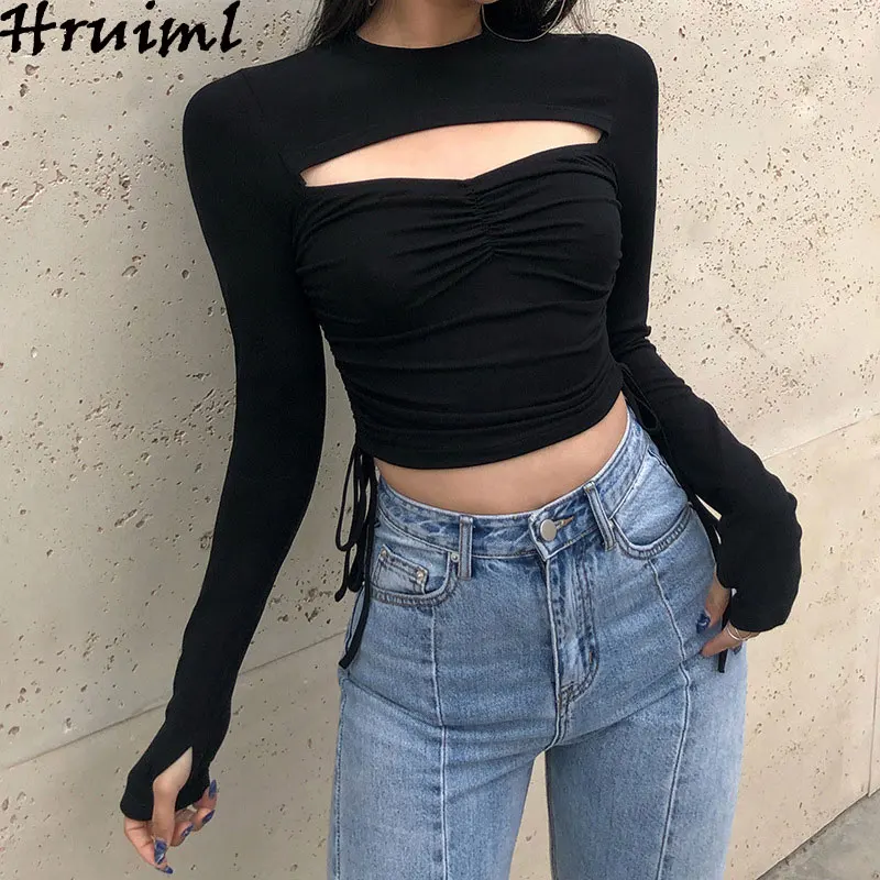 

Tshirts Woman Black Fashion New Night Club Casual Tops Skinny Sexy Hollow Pleated Drawstring Short Long-sleeved T-shirt Top