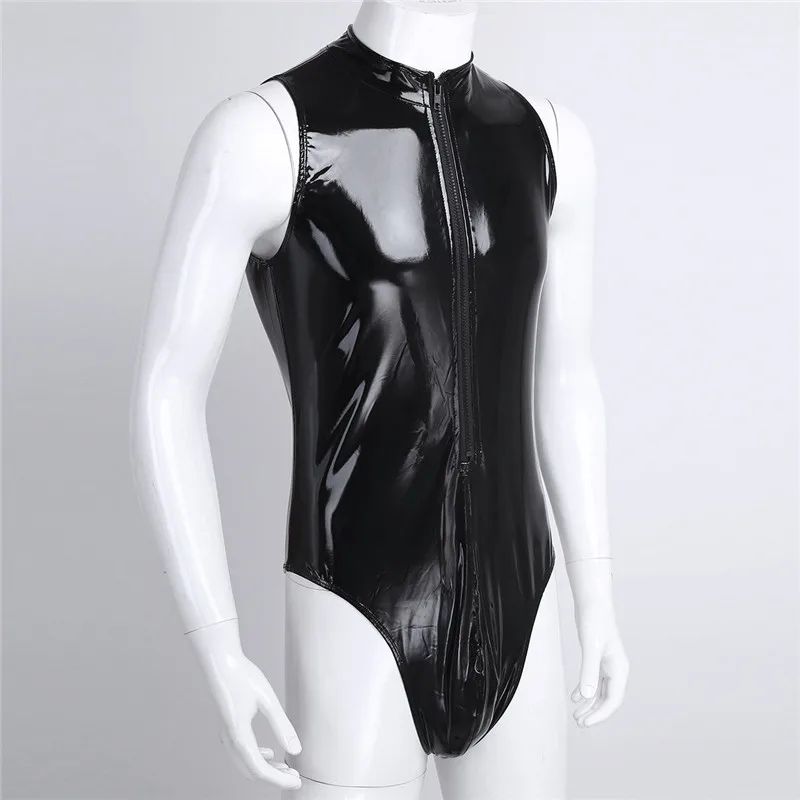 Мужской черный слитный купальник из лакированной кожи без рукавов сексуальный