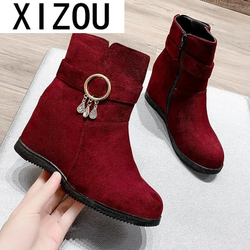 2020 новые женские ботинки на молнии высоком каблуке замшевые ботильоны танкетке