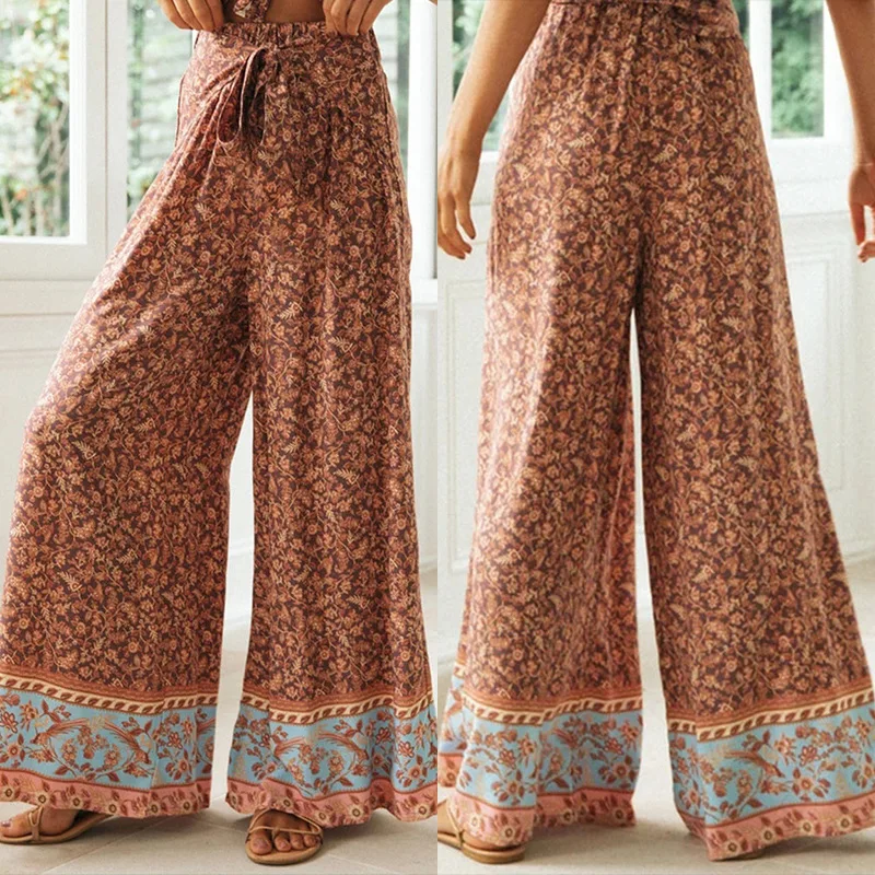 

Брюки женские с завышенной талией, повседневные Модные свободные штаны с широкими штанинами, с завязкой, штаны с принтом и высокой талией, л...