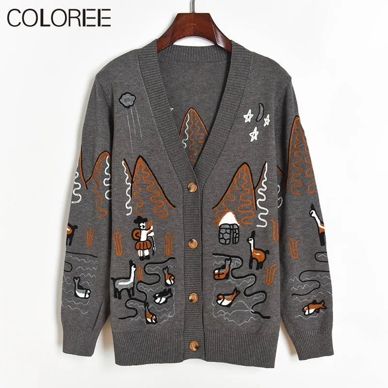 

Oversized cardigan Women 2021 vintage cartoon embroidery v-neck loose casual knitted sweater women winter clothes