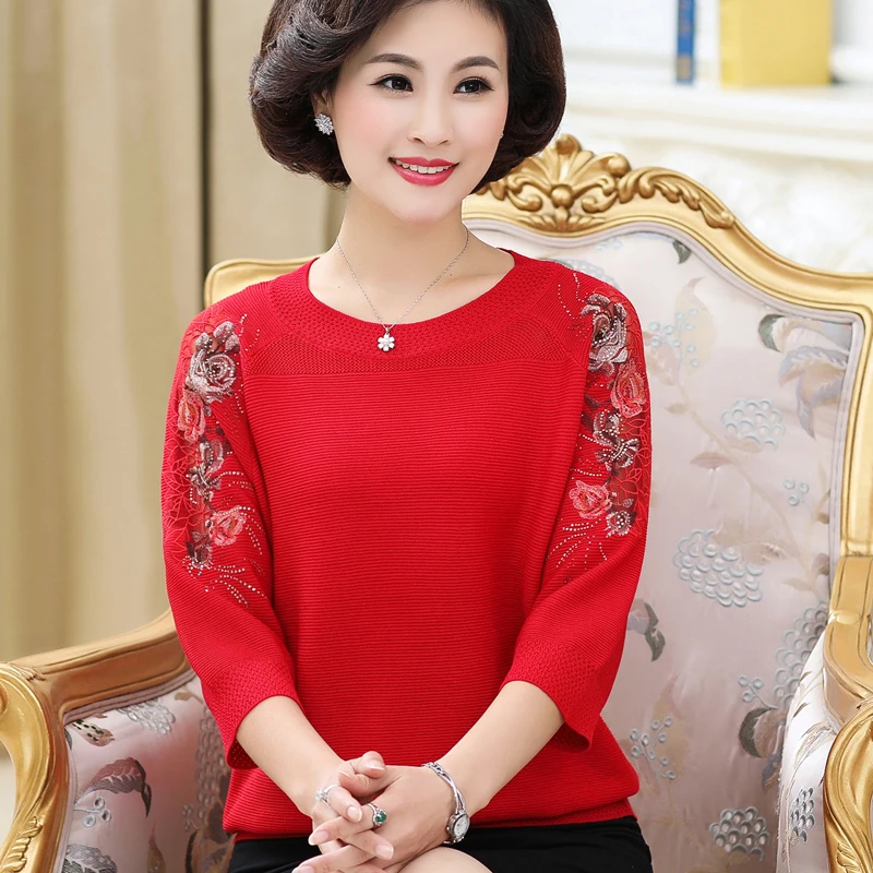 

2020 spring new middle-aged women sweater knit shirt 40-year-old mother dress embroidered