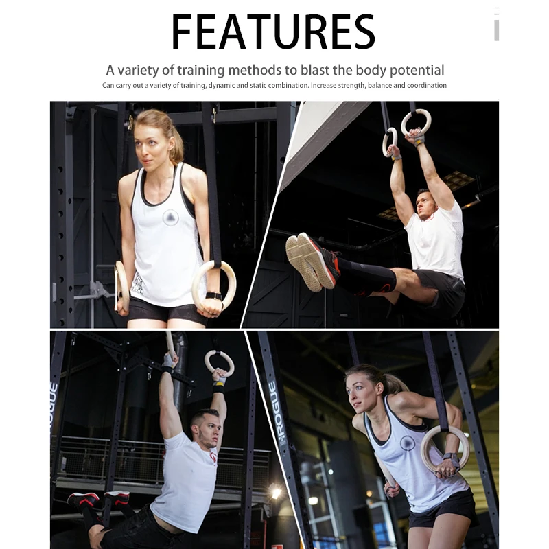

Wooden Exercise Fitness Gymnastic Rings Gym Exercise Crossfit Pull Ups Muscle Ups with Adjustable Long Buckles Straps Workout