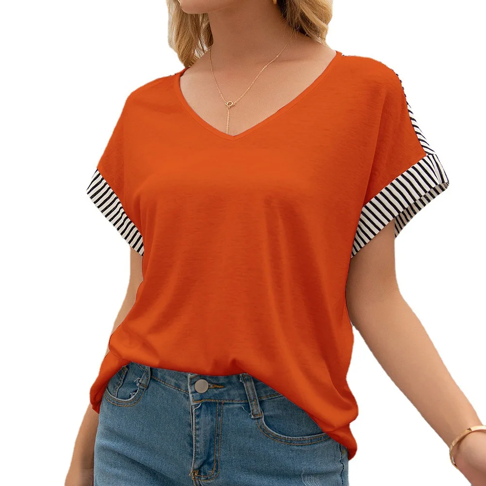 

Summer women's clothing striped stitching V-neck short-sleeved loose T-shirt top women