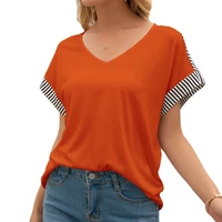 summer womens clothing striped stitching v neck short sleeved loose t shirt top women