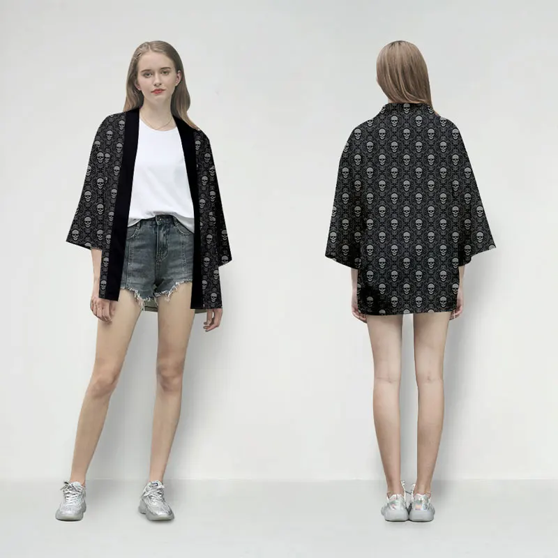 

Japanese Streetwear kimono shirt men/women Summer Japanese Harajuku Horror Skull mens chiffon shirt Casual kimono Cardigan