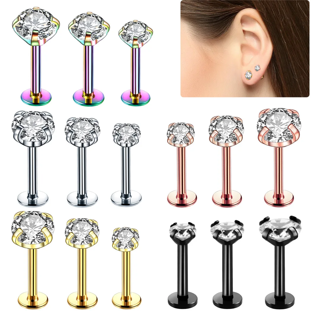 

1Pcs Surgical Steel Zircon Cartilage Tragus Piercing Earring Stud Trendy Crystal Lip Labret Piercing Ring Body Jewelry