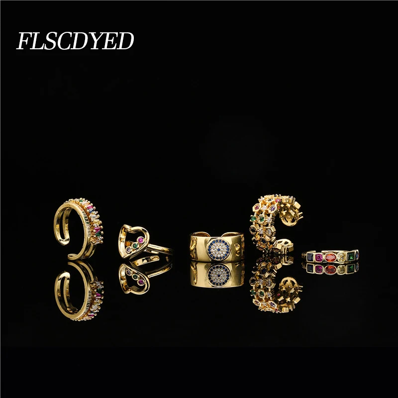 

FLSCDYED Luxury Band Zircon Rings For Women Rainbow Colors Crystal Opening Finger Ring Engagement Wedding Jewelry Love Gift