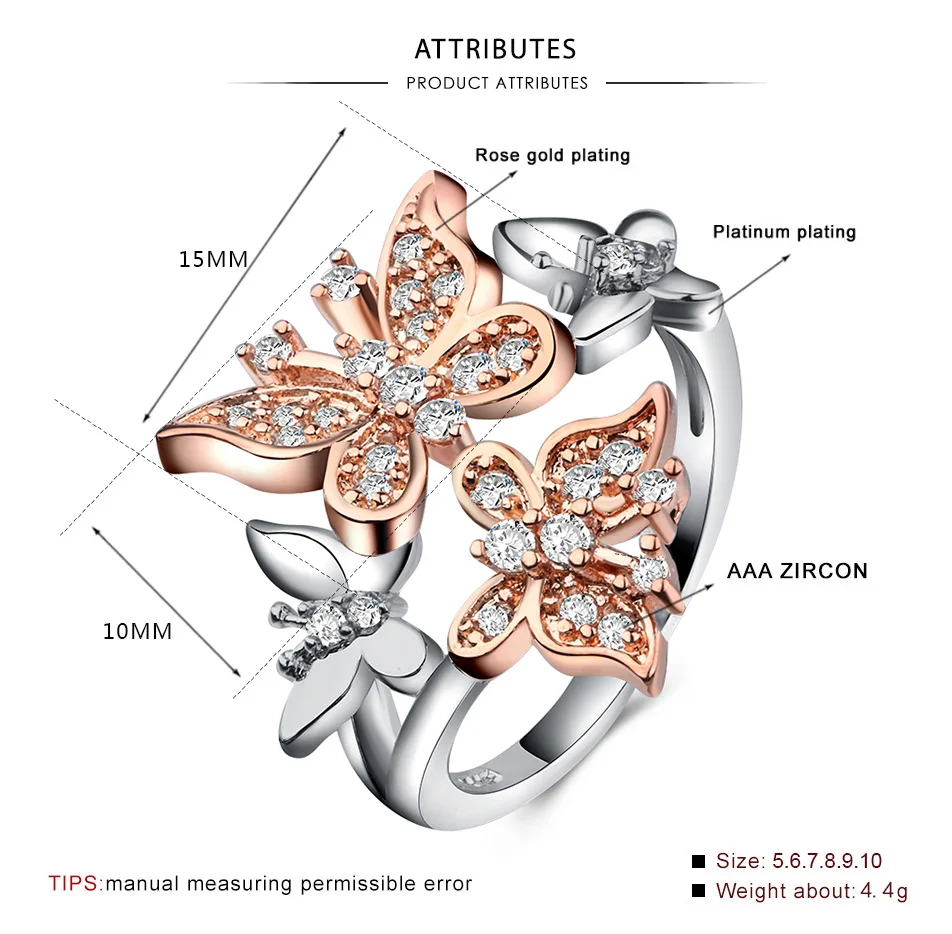 Женское Винтажное кольцо Feiweini розовое Золотое с бабочкой из стерлингового
