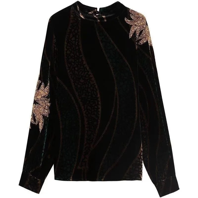 

Vintage Print Sequins Velvet Tops Women Autumn Winter 2021 New High Quality Stand Collar Blouse Fashion Long Sleeve Shirt Y731
