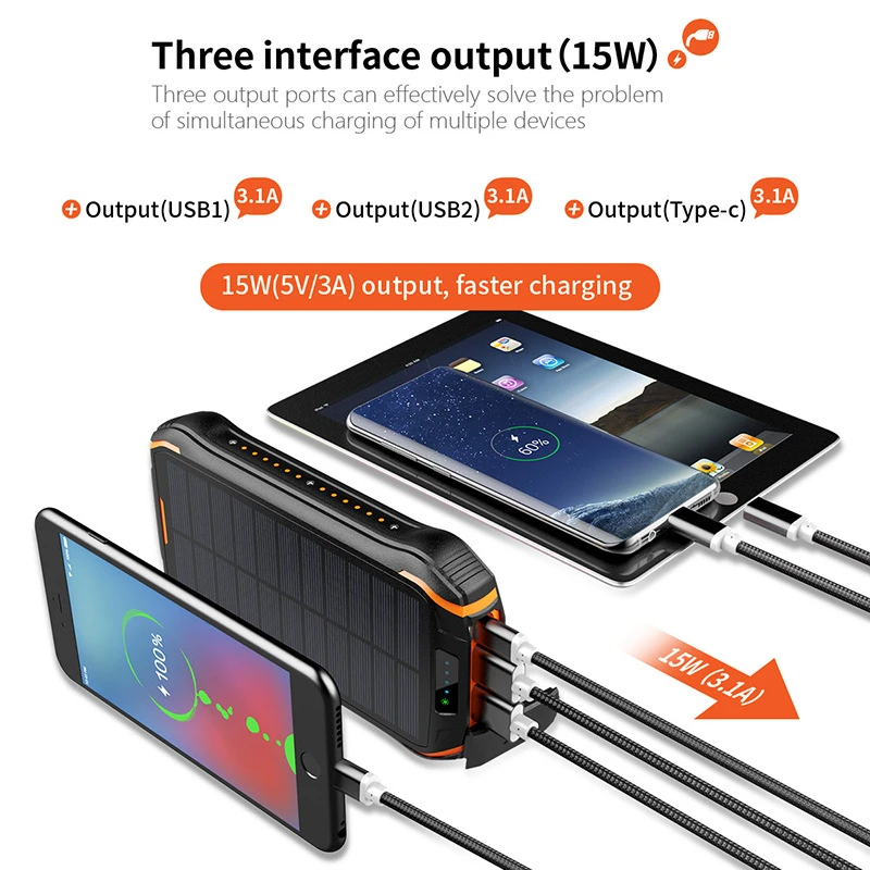 

26800mAh Portable Qi Wireless Charger Solar Power Bank For iPhone Xiaomi Samsung Poverbank 10W Wireless Fast Charging Powerbank