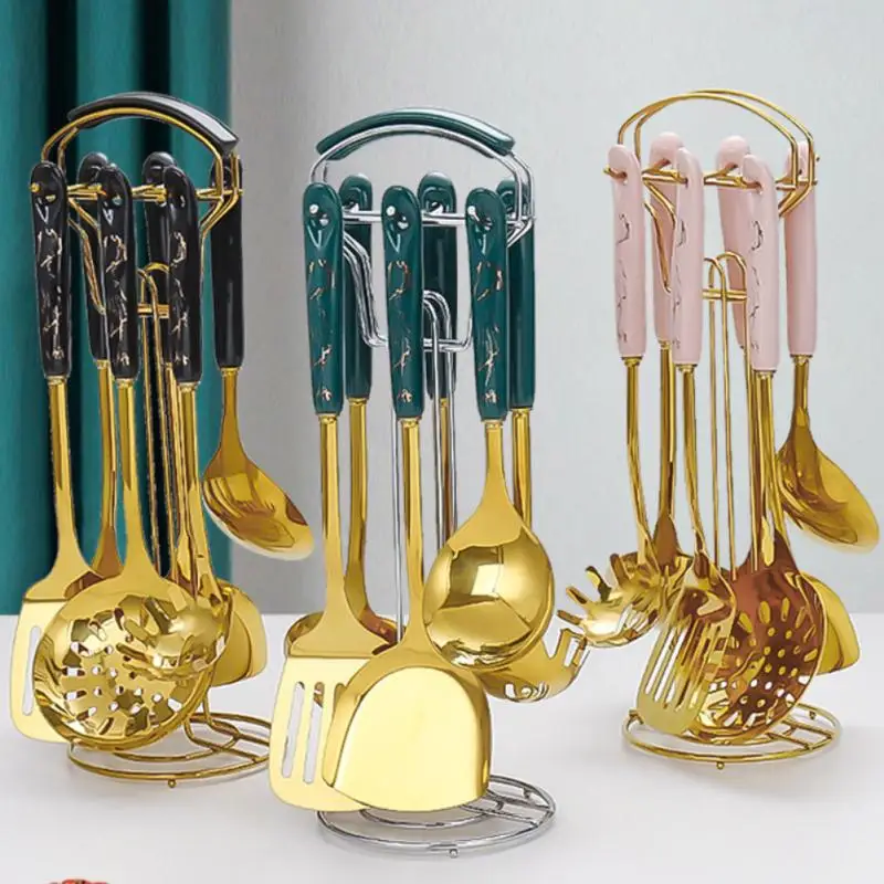 

7Pcs/Set Light Luxury Stainless Steel Cookware Ceramic Handle Spatula Spoon Colander Set Kitchen Accessories Baking Tools