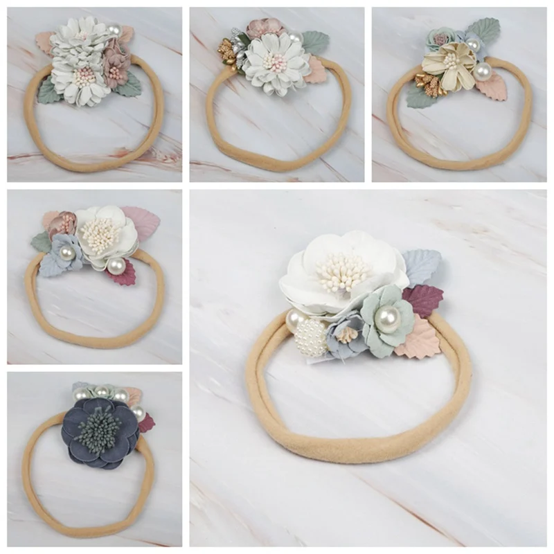 Модная детская лента для волос из нейлона с искусственным цветком эластичная