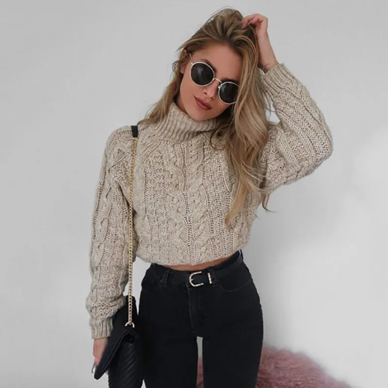 

2020 Sweater Women's Short Long-Sleeved Turtleneck Sexy Navel Linen Flower Color Top Sweater turtleneck women