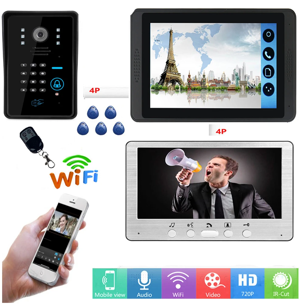 

Видеодомофон с RFID-паролем и разблокировкой, 7-дюймовый ЖК-экран, Wi-Fi, беспроводной дверной звонок через приложение, дистанционное управление