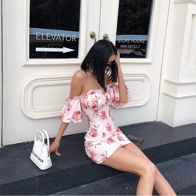 

Dress Women Summer Floral Dress Wrap Skirt One-line Neck Mini Dress Pleated Ladies Dress Satin Bohemian Beach Dress chiffon