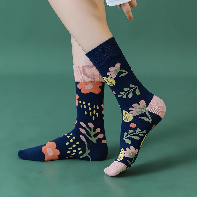 Spring and Autumn New Ladies Long Tube Socks Flowers Cartoon Tide Socks Asymmetric Socks AB Socks Letter Bear  Compression Socks