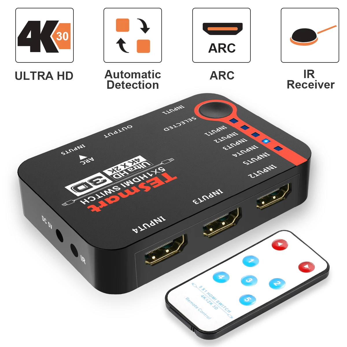 TESmart 5x1 HDMI переключатель 5 в 1 выход коммутатор портов sup 4K @ 30 Гц Full HD 1080P 3D с ИК