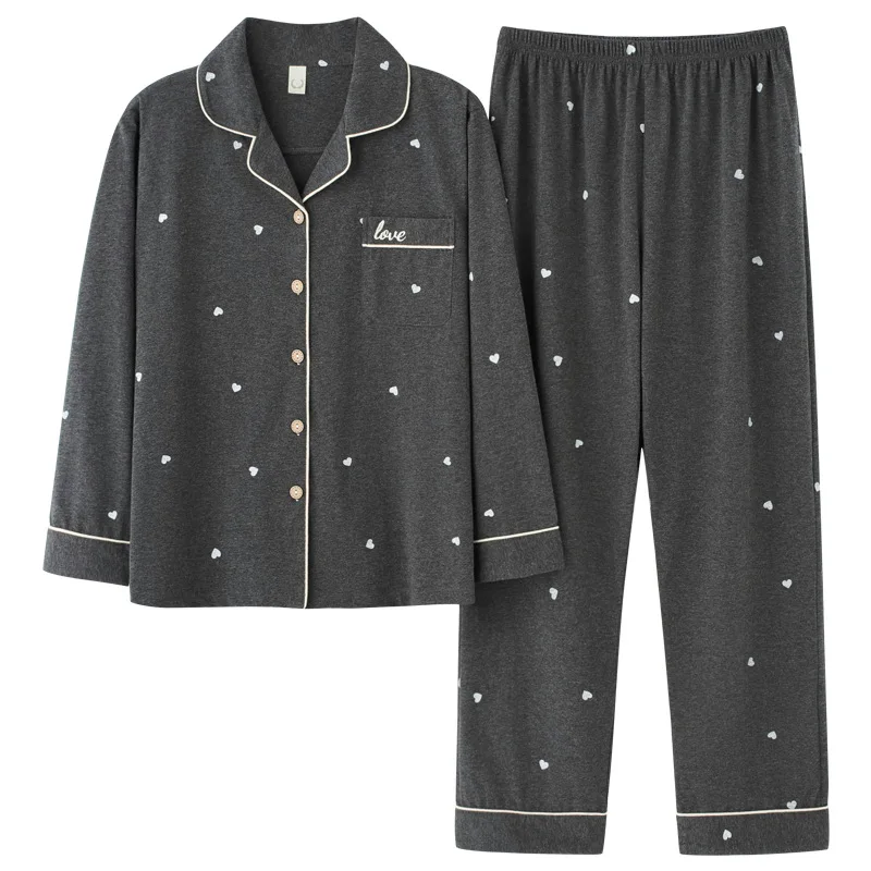 Autumn Winter Sexy Cotton Pajamas Set Cute White Love Pattern Pajamas Ladies Soft Leisure Nightwear Loose Oversized Sleepwear