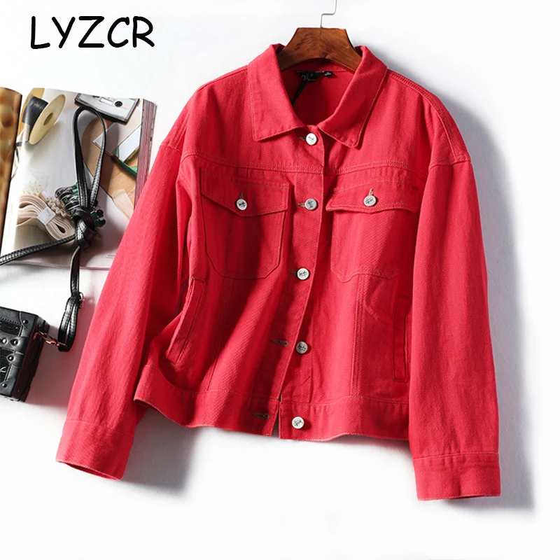Короткая женская джинсовая куртка осенняя Базовая красная верхняя одежда пальто