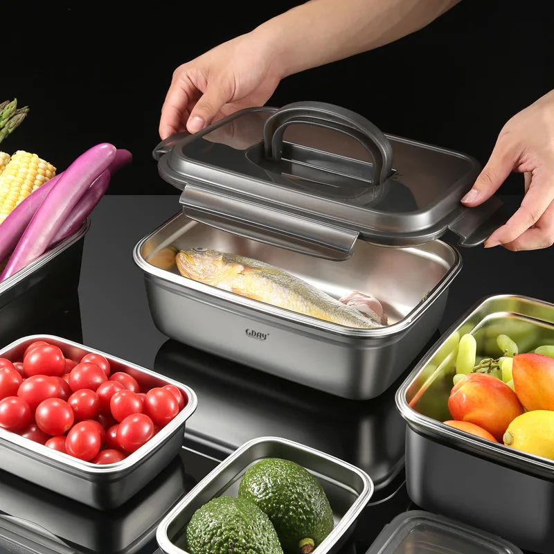 

Stainless Steel Kitchen Food Container Storage Box with Lid Organizer Fresh-Keeping Fridge Fruit Vegetable Containers Basket