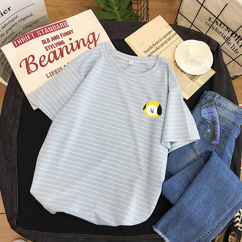 Chimmy Blue Хлопковая полосатая летняя футболка, новая футболка с короткими рукавами, милая модная женская футболка с круглым вырезом для молодых студентов - Цвет: Chimmy Blue