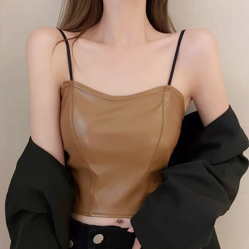 

Sexy Outfits For Women Crop Tube Tops Black Steampunk Bustiers Pu Leather Y2k Gothic Clothes Tanks And Camis Corset Push Up Bras