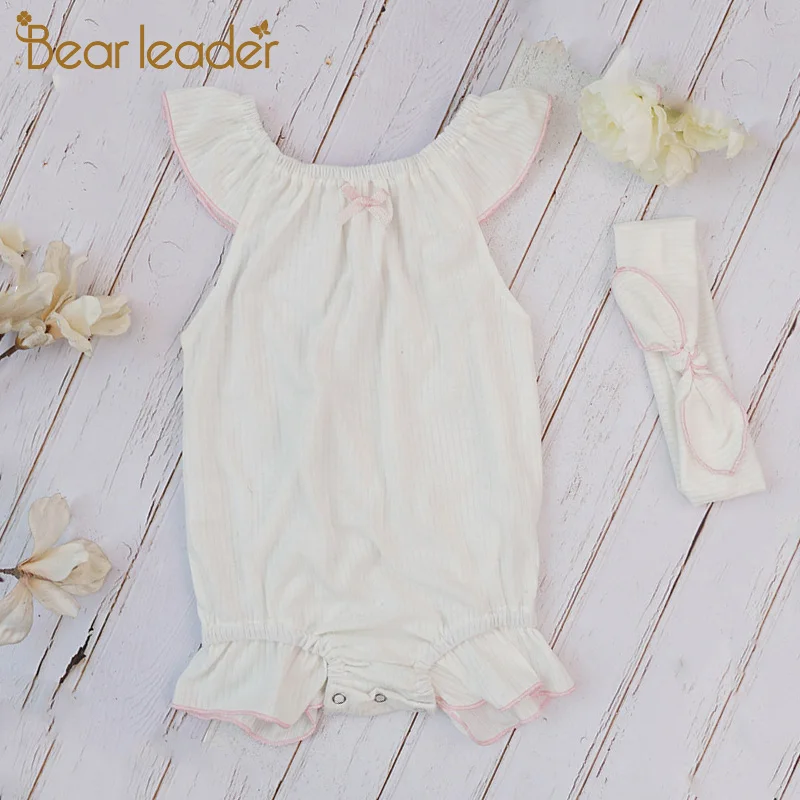 

Комбинезон детский с повязкой на голову Bear Leader, однотонный кружевной комбинезон с повязкой на голову, для девочек, лето