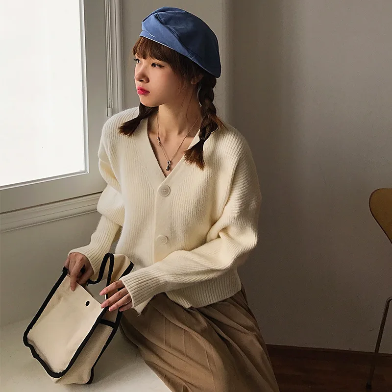 

Women's Button Down Crew Neck Long Sleeve Soft Knit Cardigan Sweater Korean cute spring top