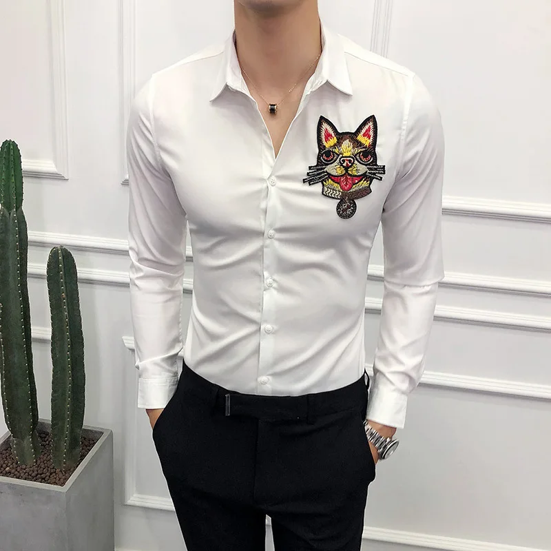 Мужские рубашки с длинным рукавом и вышивкой приталенная модная классическая