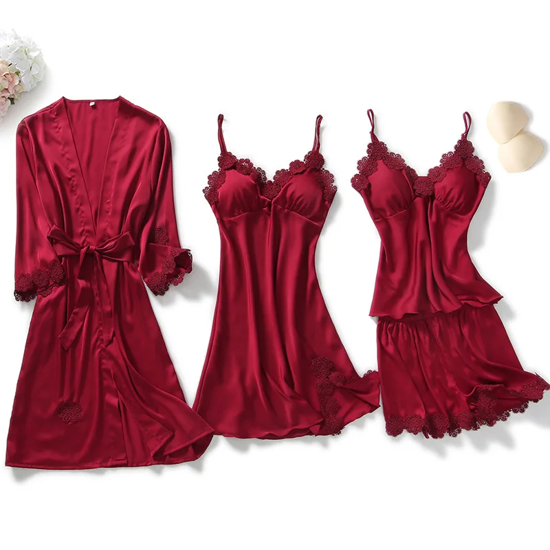 

4 Piece Sleepwear Women Nightgowns Robes Satin Negligee Nightwear Sexy Lingerie Night Dress Bridesmaid Bathrobe Lounge Set