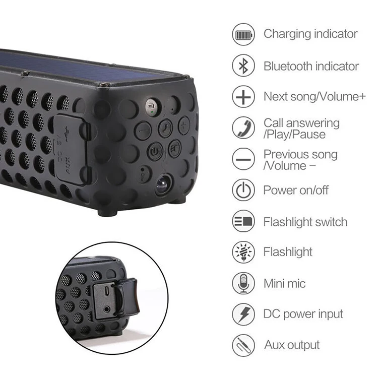 portable solar energy bluetooth speaker hifi stereo handsfree call 2400 mah wireless ipx5 waterproof speaker with flashlight free global shipping