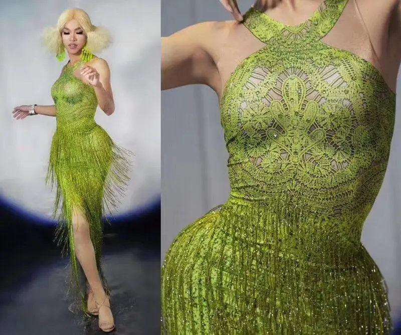 Высокая Эластичность рукавов Сексуальная кисточкой длинное платье Bodycon DJ Клубные вечерние танцевальный костюм