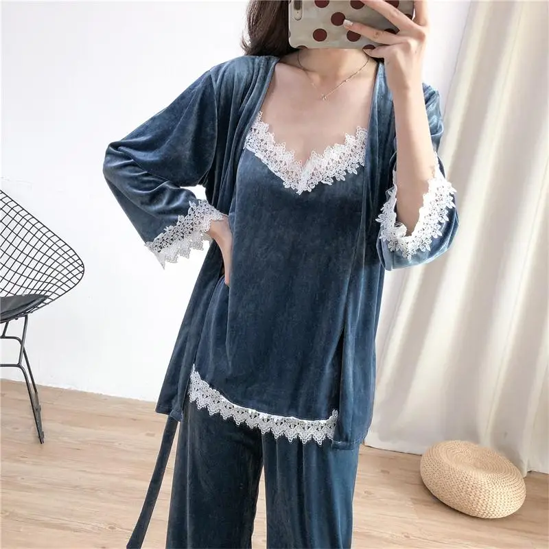 Style 989-A Бургундия Весна велюровые пижамы наборы женские 3 шт ремень Топ брючный костюм повседневная домашняя ночная рубашка сексуальный халат - Цвет: Style 989-A