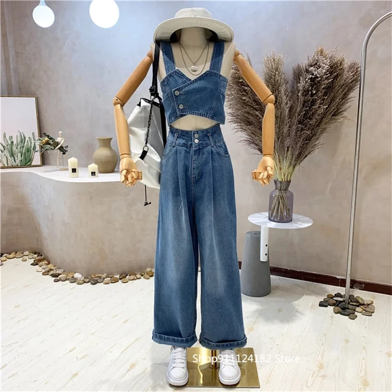 

Женский джинсовый костюм, летний костюм из двух предметов, топ на бретельках и широкие брюки с высокой талией, 2021