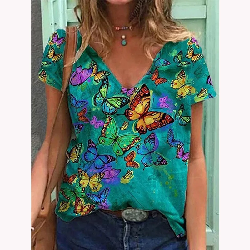 

Loose Butterfly Print T-Shirt Women Short-Sleeved V-Neck Crop Top Summer New Mid-Length Blouses Outdoor Party Ladies Clothes