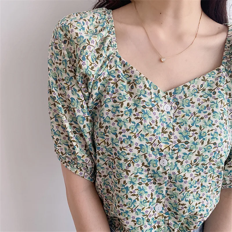 

2021 Summer Women Shirt Female Floral Blouses Chiffon Square Collar Puff sleeves Elegant Casual lovely Shirts Office Lady Tops