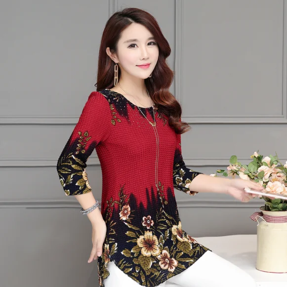 Женская шифоновая блузка с круглым вырезом и цветочным принтом размеры до