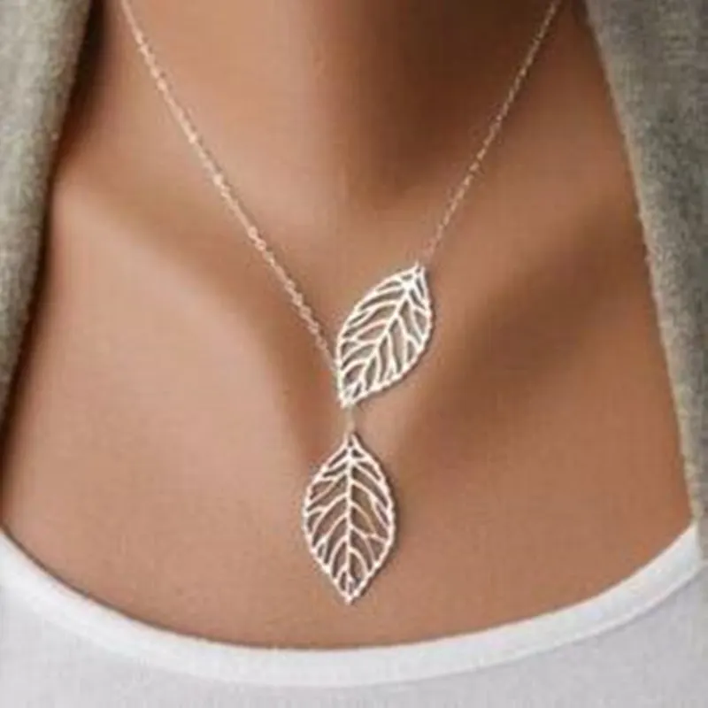 

New Woman necklace Fashion Simple 2 Leaves Choker Necklace Collar Statement Necklace Women Jewelry