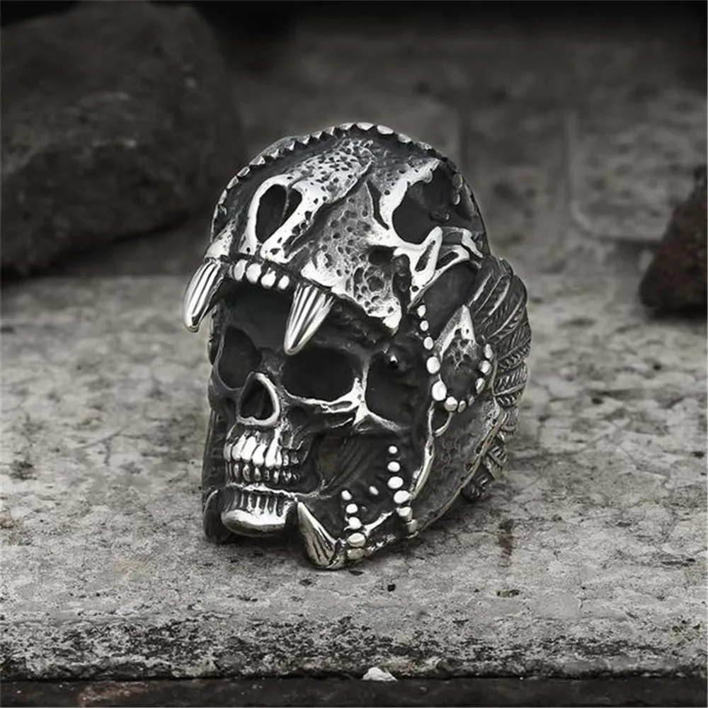 

Vintage Cool Mens Boys Stainless Steel Biker Rings Vintage Indian Jaguar Warrior Skull Punk Jewelry Gift for Him Wholesale