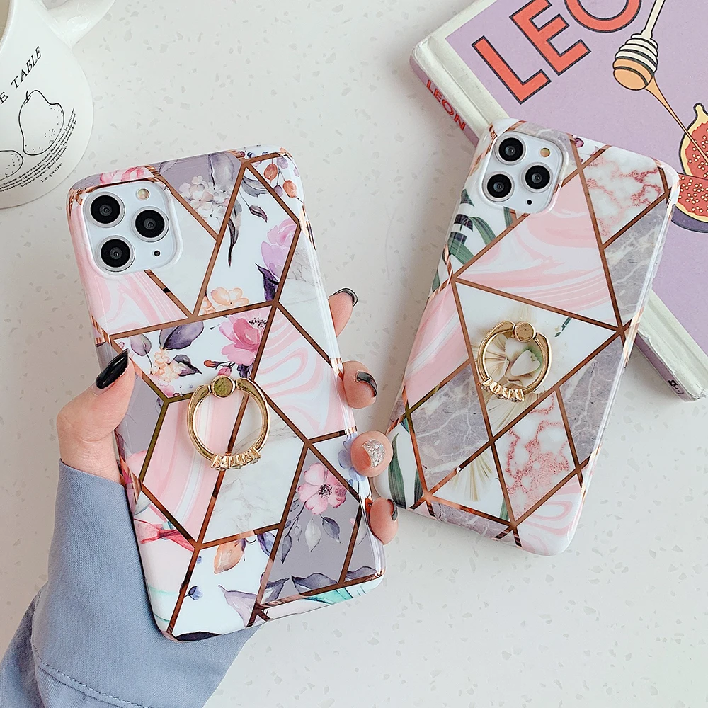 Гальванический геометрический мраморный чехол с кольцом держателем для