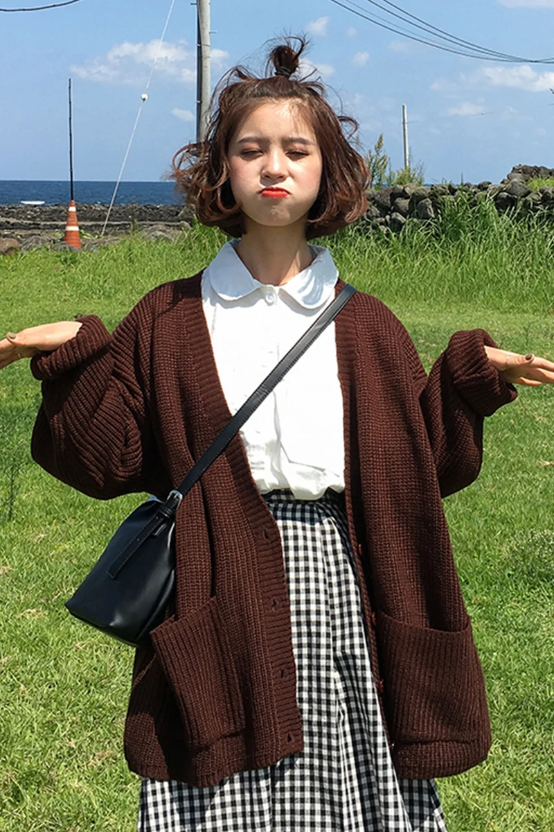 

Korean Autumn Winter Chic Sweaters Women Fashion Preppy Style V Neck All-match Loose Solid Color Knitted Cardigans Harajuku Tops