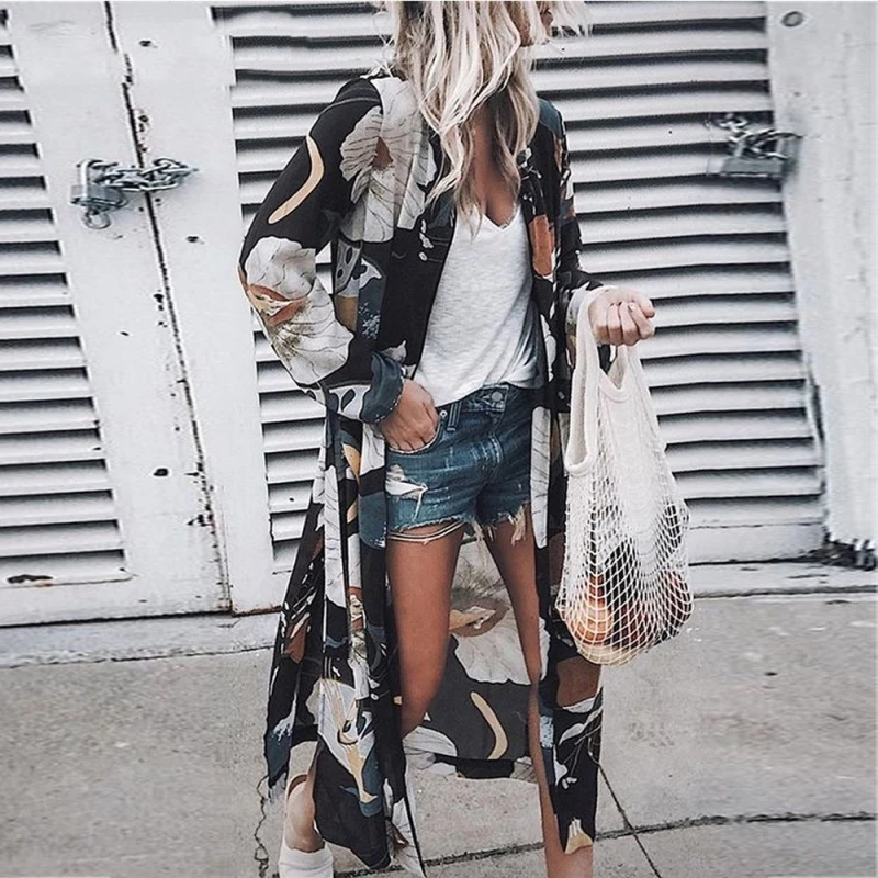 Женская шифоновая блузка кимоно с длинным рукавом и цветочным принтом|Блузки| |