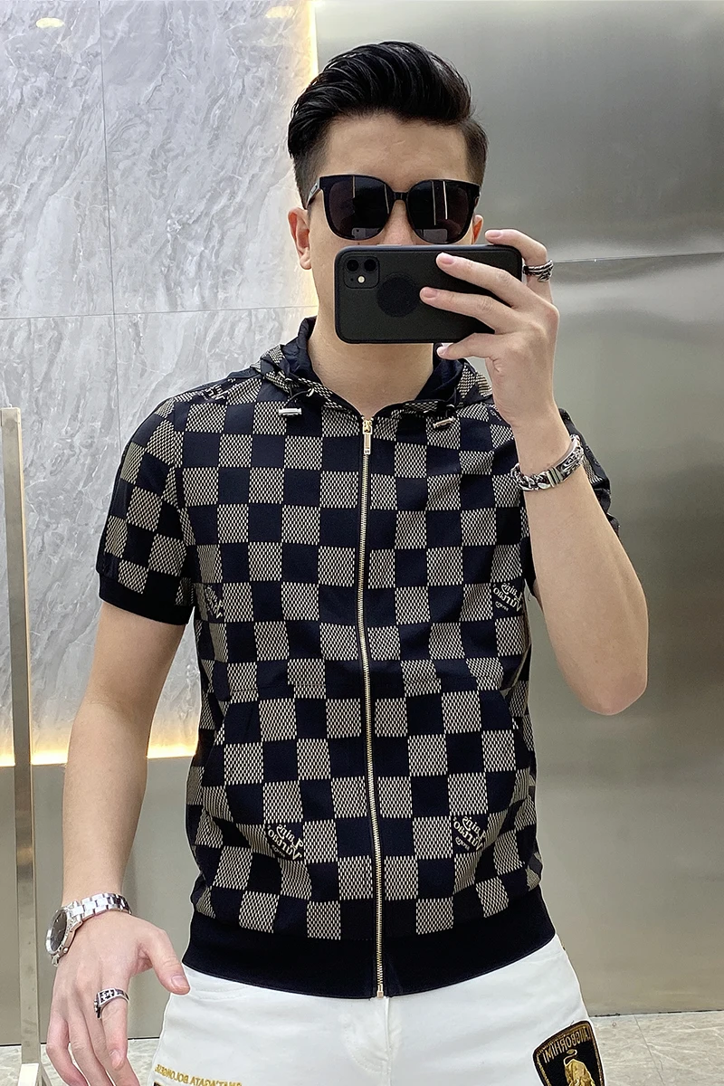 

New Men's Personalized Plaid Print Hooded Casual Short Sleeve T-Shirt Trendy T