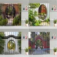 chinese style garden arch door shower curtain set retro nostalgic doors flower plant green pine landscape bathroom decor screens