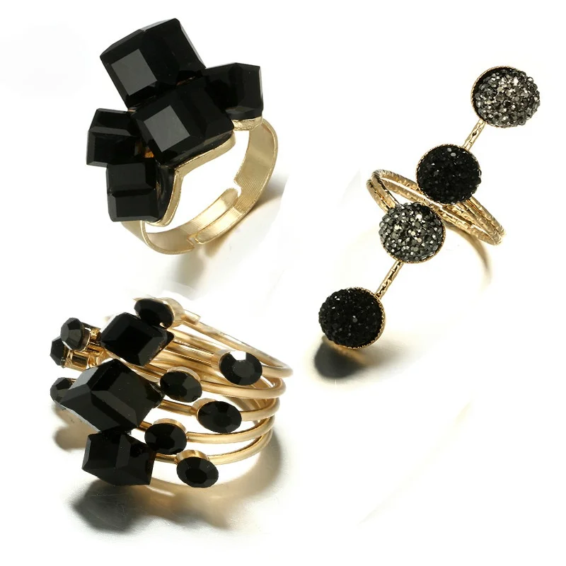 

2021 Vintage Antique Gold Black Rhinestone Opening Knuckle Finger Rings Set for Women luxury jewelry