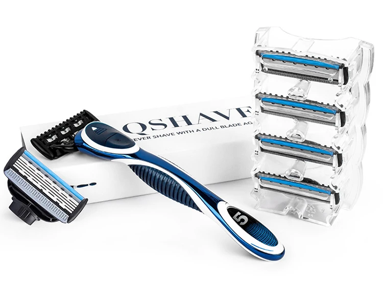 Qshave синие мужские Руководство для бритья Триммер Бритвы бритва Может Дизайн имя, 1 ручка и 6 картриджей(1 шт. X3 лезвие, 5 шт. X5 отвала