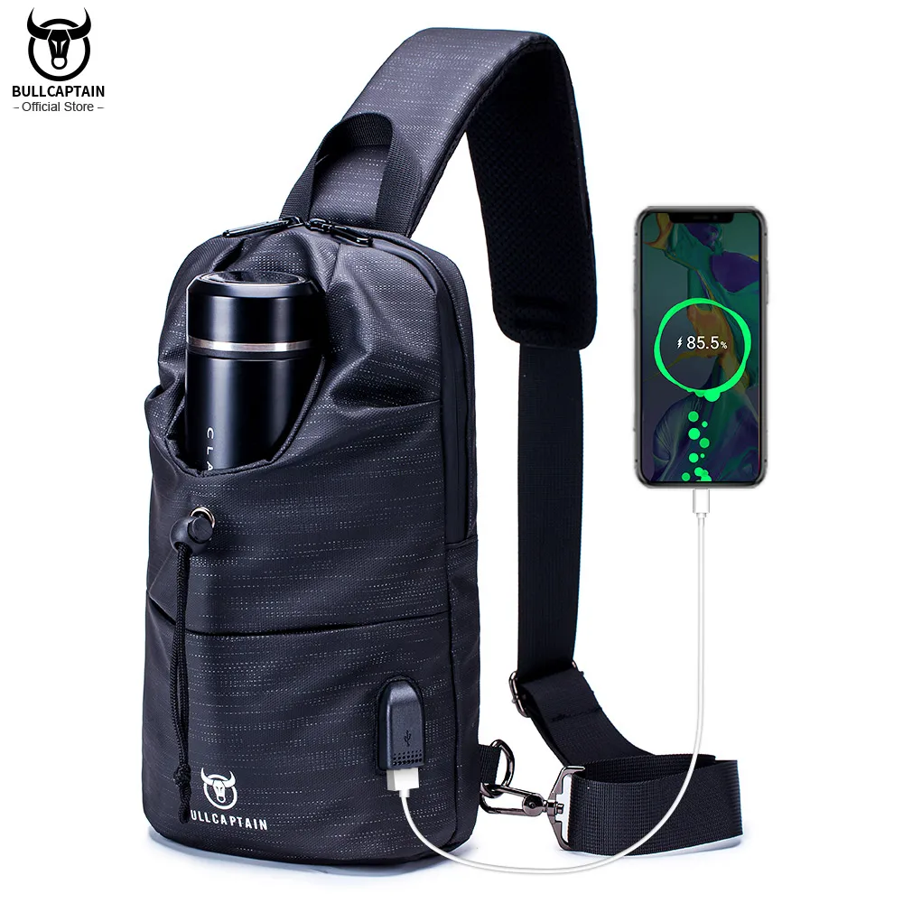

BULLCAPTAIN Fashion Oxford Cloth Men's Chest Bag Multifunctional USB Charging Messenger Bags Water Cup Bag's 12 Inch iPad Pocket